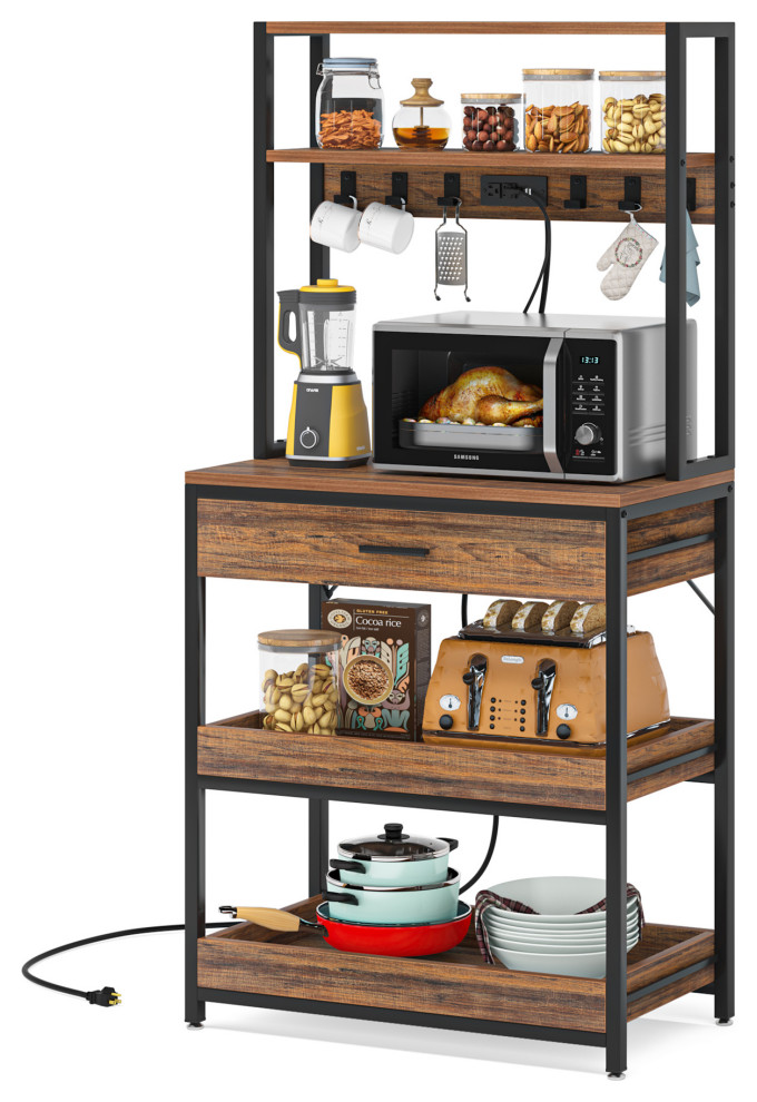 Kitchen Bakers Rack With Power Outlets, Freestanding Microwave Oven Stand Industrial Baker