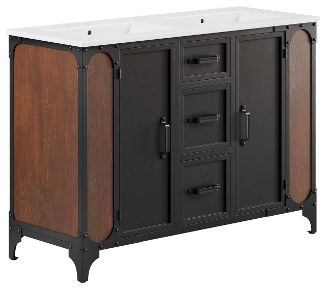 48" Double Sink Bathroom Vanity White Black Industrial
