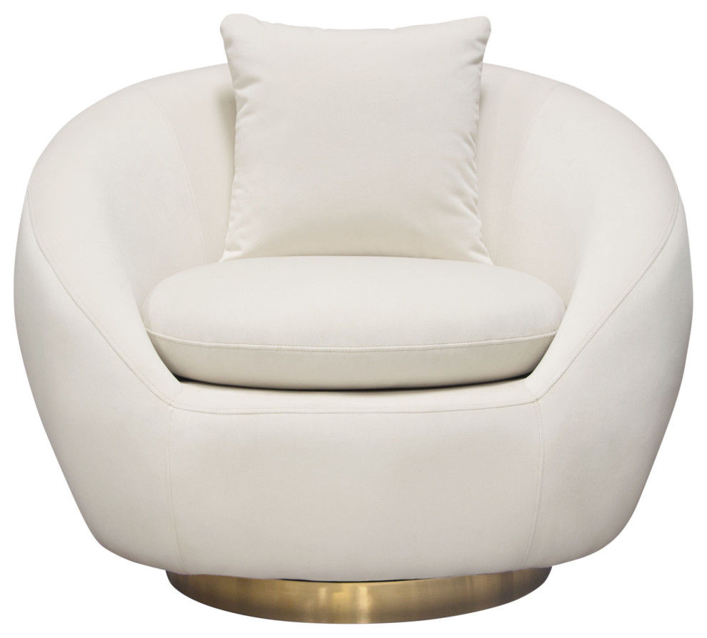 Celine Swivel Accent Chair, Light Cream Velvet With Brushed Gold Accent