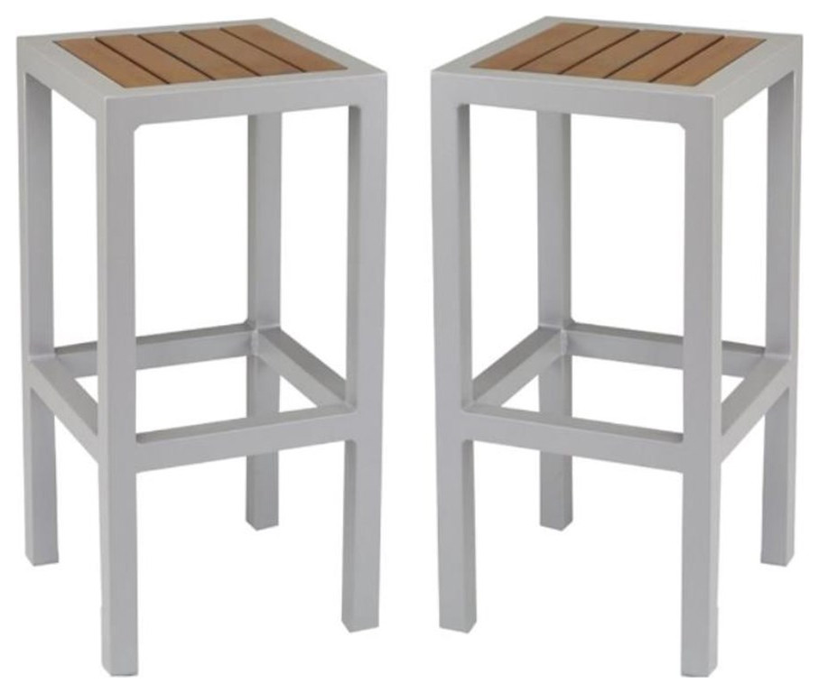 Home Square Aluminum Patio Bar Stool in Silver and Teak Set of 2
