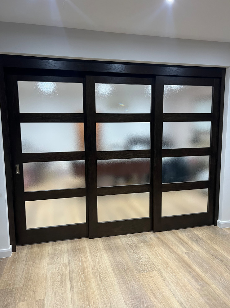Bespoke Stained & Lacquered Oak Veneer and Glass Telescopic Sliding Doors