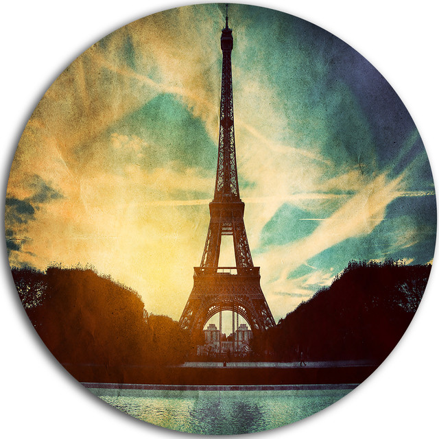 Design Art USA Eiffel Tower Retro Style, Cityscape Round Wall Art ...