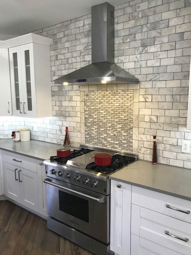 Eat-in kitchen - large transitional single-wall light wood floor and gray floor eat-in kitchen idea in Atlanta with a farmhouse sink, shaker cabinets, white cabinets, quartzite countertops, white backsplash, marble backsplash, stainless steel appliances, an island and white countertops