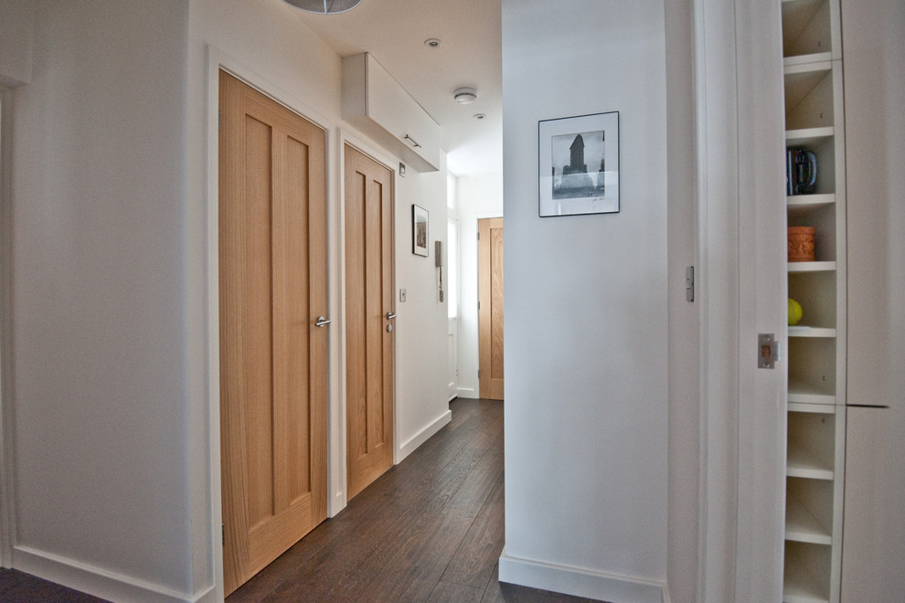 Mid-sized modern hallway in London with white walls and dark hardwood floors.