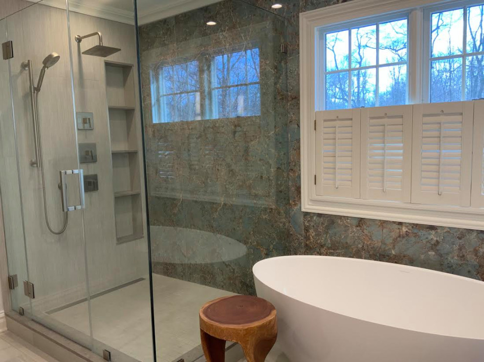 Stunning Transitional Bathroom - Imported Spanish Quartz Slabs & Bamboo Vanity