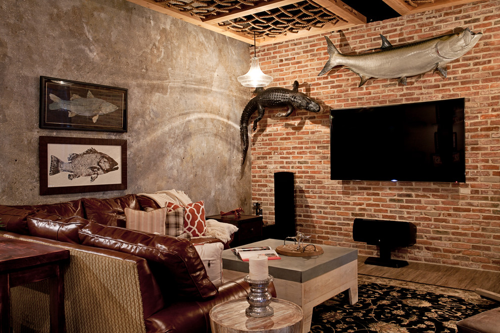 This is an example of a mid-sized industrial home theatre in Tampa with vinyl floors.