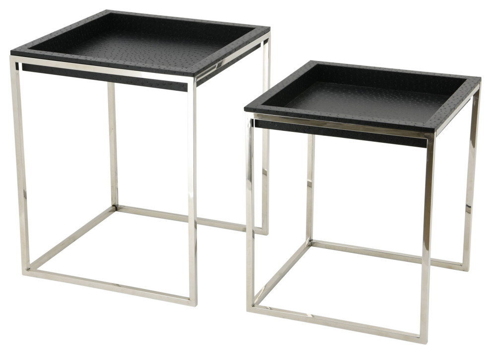 Black Ostrich Leather Nesting Tables With Stainless Steel Legs