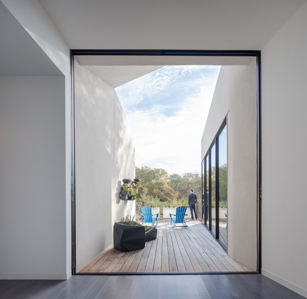 Esempio di un grande portico minimalista davanti casa con un giardino in vaso, pedane, un tetto a sbalzo e parapetto in metallo
