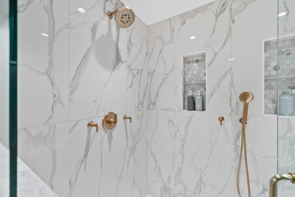 Large-Format Marble-Look Tile Shower | Luxury Bathroom