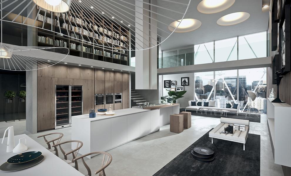 Modern single-wall kitchen in San Francisco with flat-panel cabinets, white cabinets, concrete floors, no island, quartzite benchtops and grey floor.