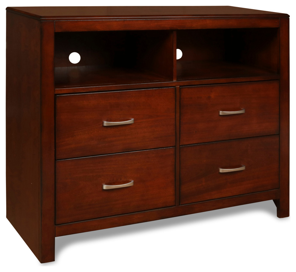 Transitional Style 4 Drawer Wood Media Chest With Open Storage,Cherry