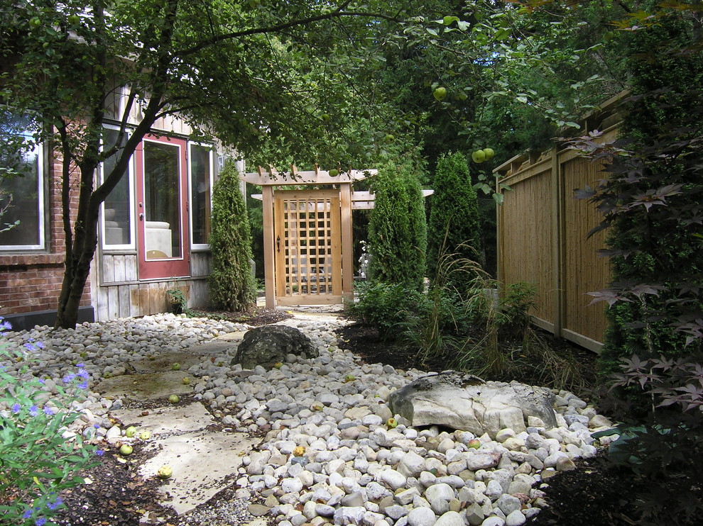 Design ideas for a contemporary side yard garden in Toronto with with privacy feature and river rock.