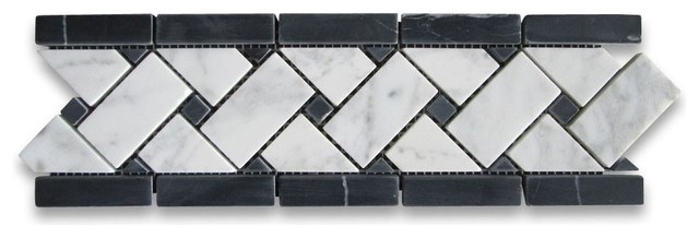 4"x12" White Basketweave Mosaic Border With Black Dots Honed, Set of 50
