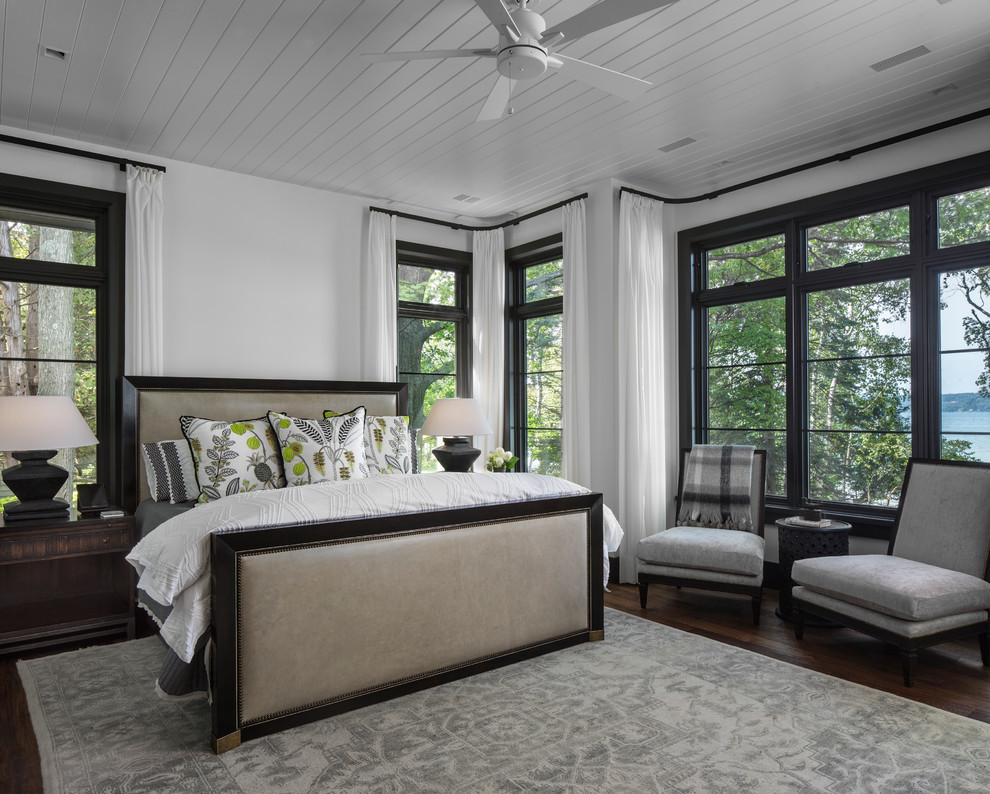 Photo of a large transitional master bedroom in Grand Rapids with white walls and dark hardwood floors.