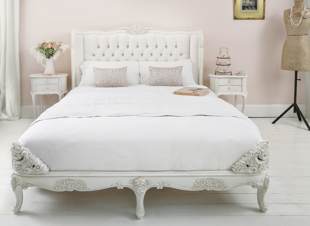 Provencal Ivory Velvet Upholstered Bed Shabby Chic Style