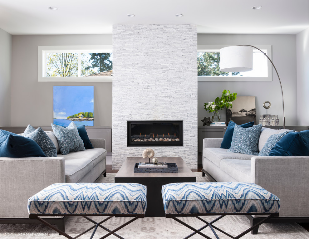 Design ideas for a large transitional formal open concept living room in Seattle with white walls, dark hardwood floors, a standard fireplace, a tile fireplace surround and no tv.
