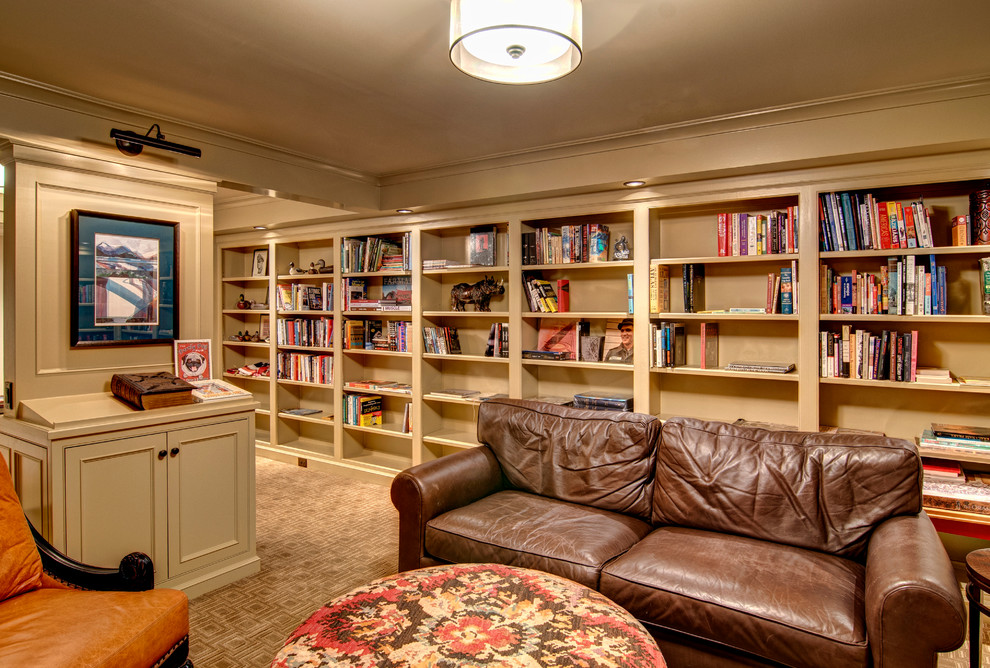 Traditional living room in Other with a library.