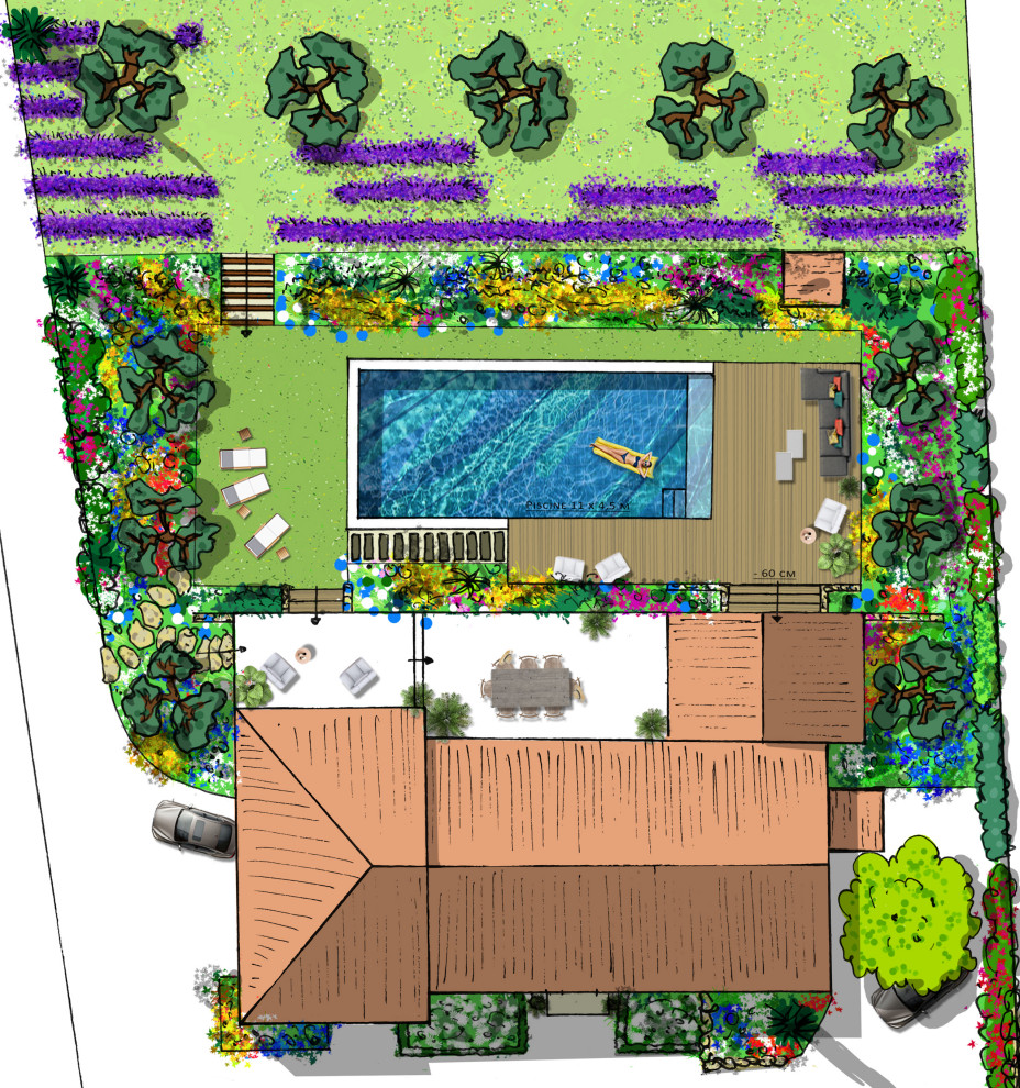 Design ideas for a large mediterranean garden in Montpellier with decking.