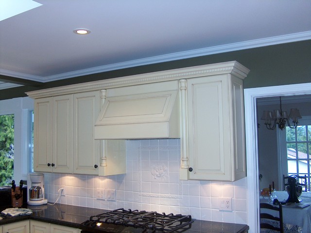 Antiqued White Cabinets Range Hood Traditional Vancouver