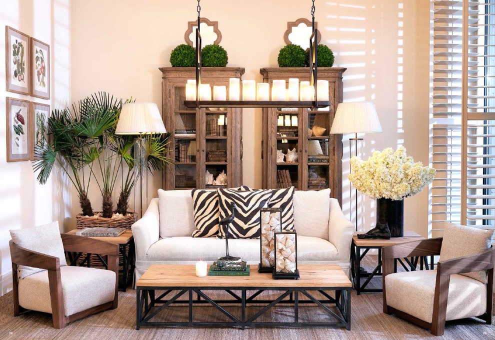 Inspiration for a mid-sized tropical formal enclosed living room in Miami with white walls and carpet.