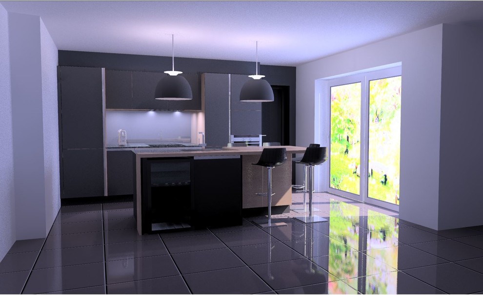 This is an example of a large industrial galley open plan kitchen in Toulouse with beaded inset cabinets, granite benchtops, black splashback, glass sheet splashback, stainless steel appliances, ceramic floors, with island, black floor, an integrated sink, stainless steel cabinets and brown benchtop.