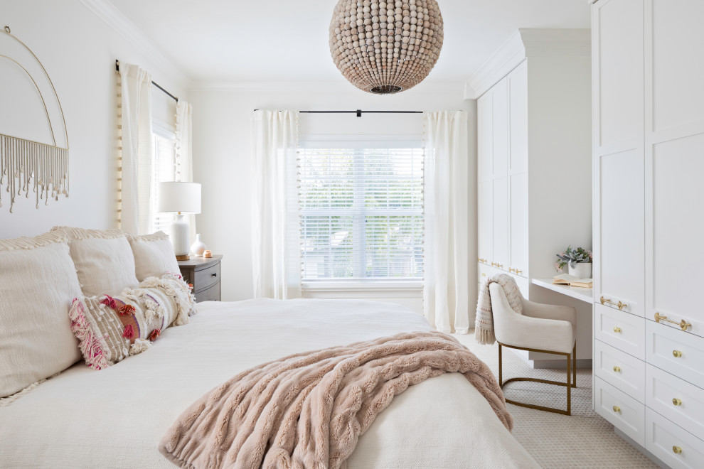 Mid-sized transitional carpeted and beige floor bedroom photo in Orlando with white walls and no fireplace