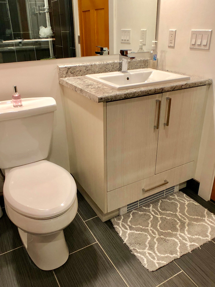 Mid-sized modern master bathroom in Other with flat-panel cabinets, white cabinets, white tile, glass tile, porcelain floors, quartzite benchtops, white floor and white benchtops.