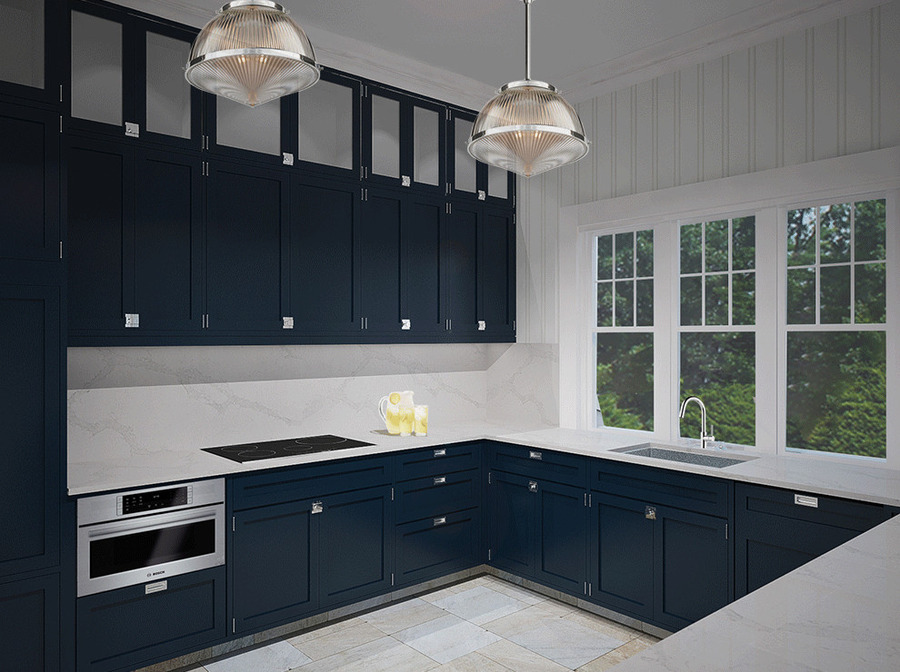 Photo of a mid-sized traditional u-shaped eat-in kitchen in New York with a drop-in sink, flat-panel cabinets, black cabinets, tile benchtops, beige splashback, ceramic splashback, stainless steel appliances, ceramic floors and with island.