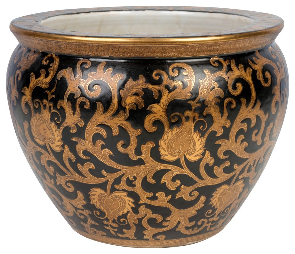 Black and Gold Tapestry Porcelain Chinese Flower Bowl Planter, 8"