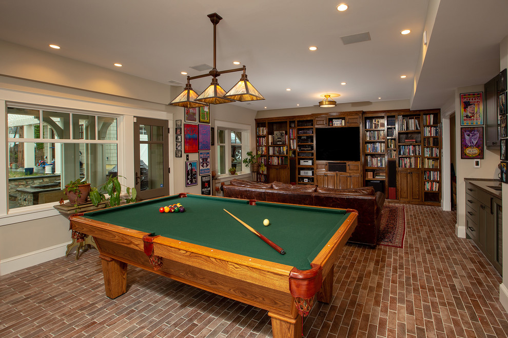 Expansive traditional open concept family room in DC Metro with a game room, grey walls, porcelain floors, a built-in media wall and red floor.