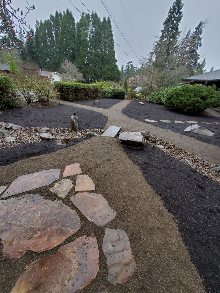 Design ideas for a mid-sized midcentury front yard full sun formal garden in Portland with gravel and with rock feature.