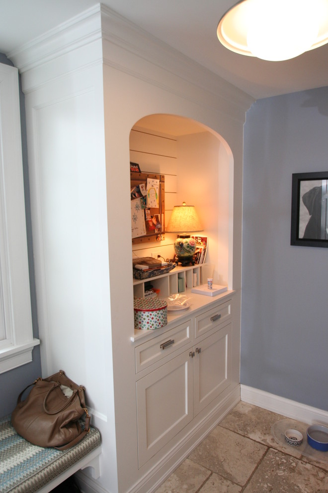 Example of a large transitional l-shaped dark wood floor open concept kitchen design in Chicago with flat-panel cabinets, white cabinets, granite countertops, blue backsplash, ceramic backsplash, stainless steel appliances and an island