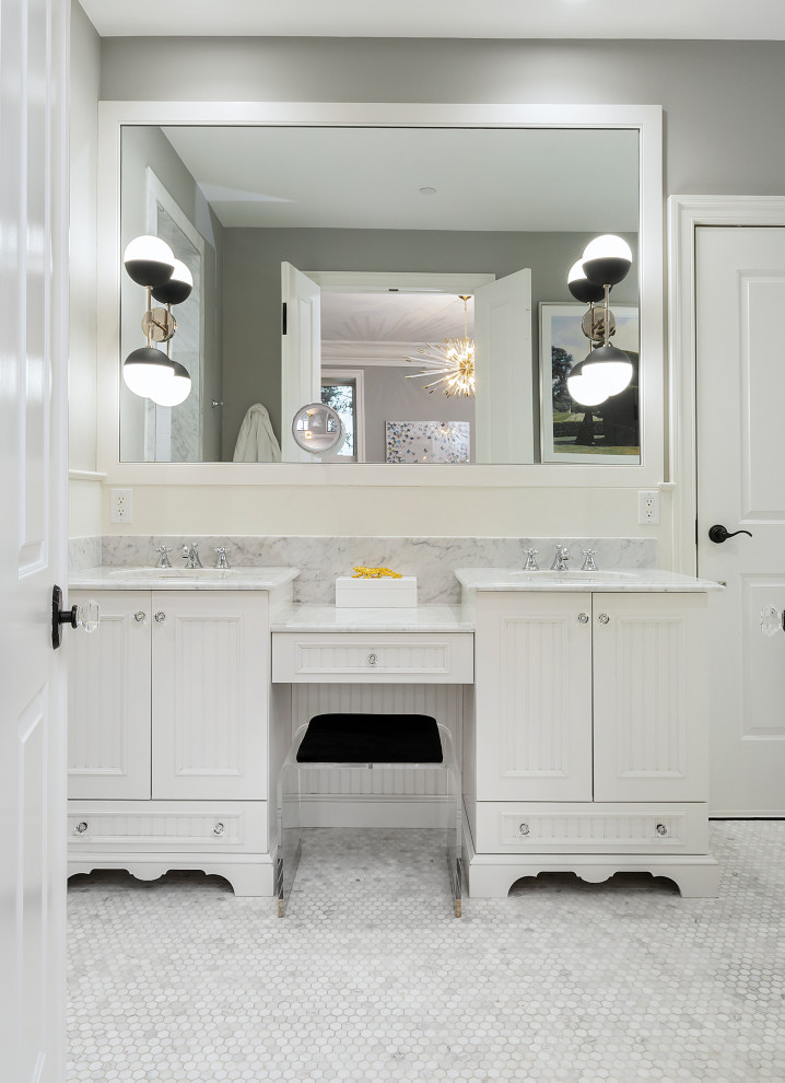 Inspiration for a transitional master bathroom in Other with beaded inset cabinets, white cabinets, porcelain tile, grey walls, marble floors, a console sink, marble benchtops, grey floor, a hinged shower door, white benchtops, a double vanity, a freestanding vanity and panelled walls.