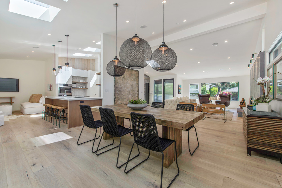 Inspiration for a contemporary open plan dining in San Francisco with white walls, light hardwood floors and beige floor.