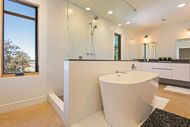 Master Bath With Freestanding Bathtub And Locker Room Style