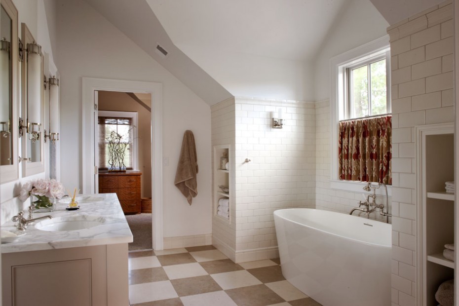 Inspiration for a mid-sized traditional master bathroom in Denver with a freestanding tub, white tile, ceramic tile, white walls, ceramic floors, an undermount sink, marble benchtops, multi-coloured floor, beige cabinets, an alcove shower, a hinged shower door and furniture-like cabinets.