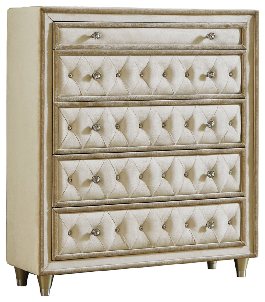 Elegant Vertical Dresser, 5 Camel Velvet Upholstered Drawers With