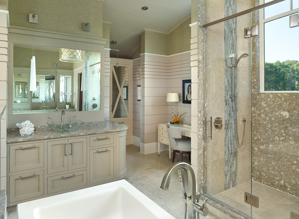 Design ideas for a beach style master bathroom in Charleston with shaker cabinets, beige cabinets, multi-coloured tile, beige walls, a vessel sink, beige floor, a hinged shower door, multi-coloured benchtops, a single vanity, a built-in vanity, timber and planked wall panelling.