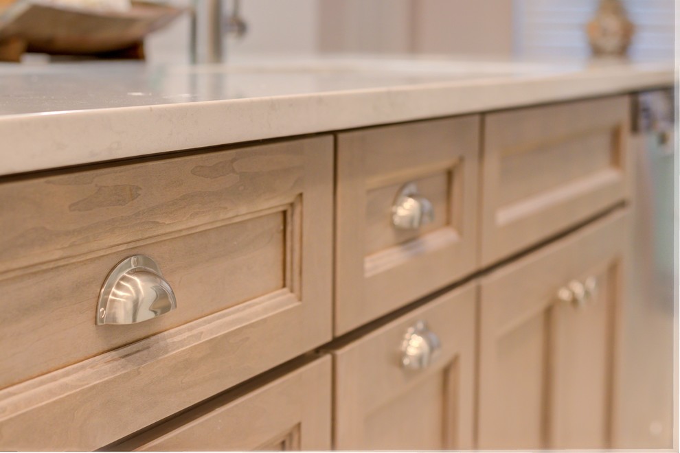 Inspiration for a large single-wall porcelain tile and white floor open concept kitchen remodel with an undermount sink, shaker cabinets, white cabinets, quartz countertops, blue backsplash, stainless steel appliances, an island and white countertops