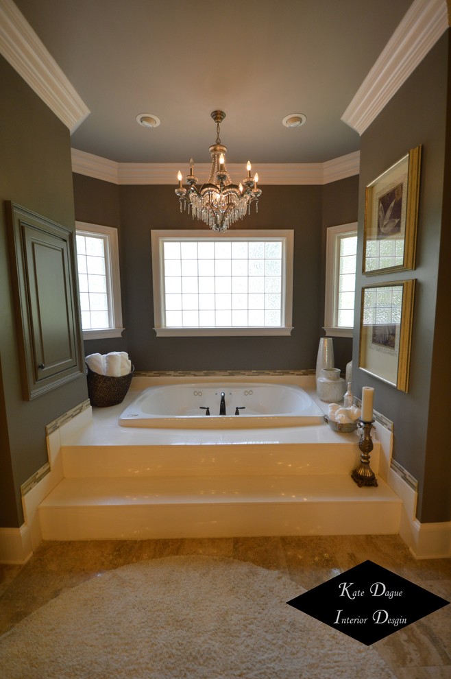 This is an example of a transitional master bedroom in Atlanta with grey walls and ceramic floors.