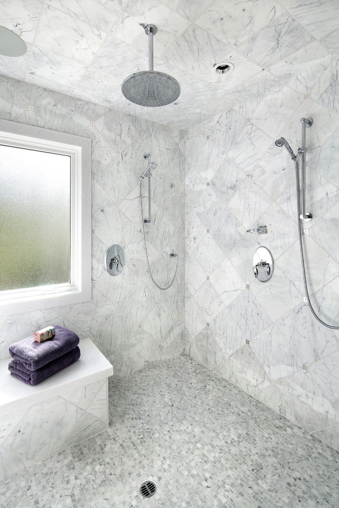 Inspiration for a large transitional master bathroom in San Diego with a double shower and white tile.