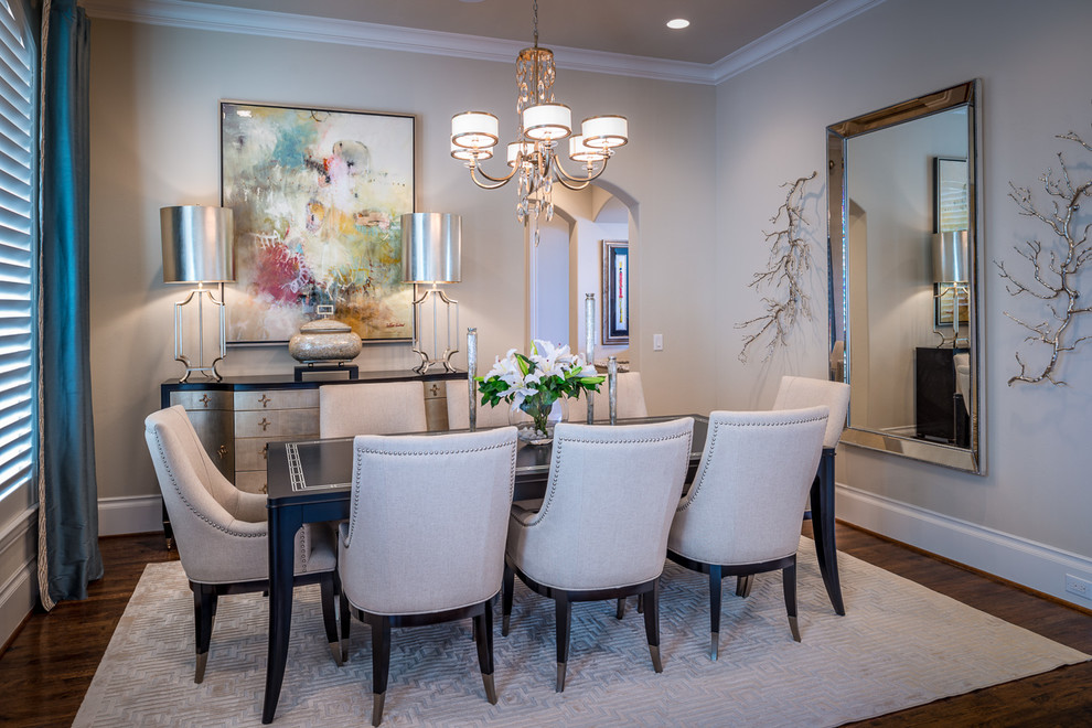 Mid-sized transitional separate dining room in Houston with beige walls and dark hardwood floors.