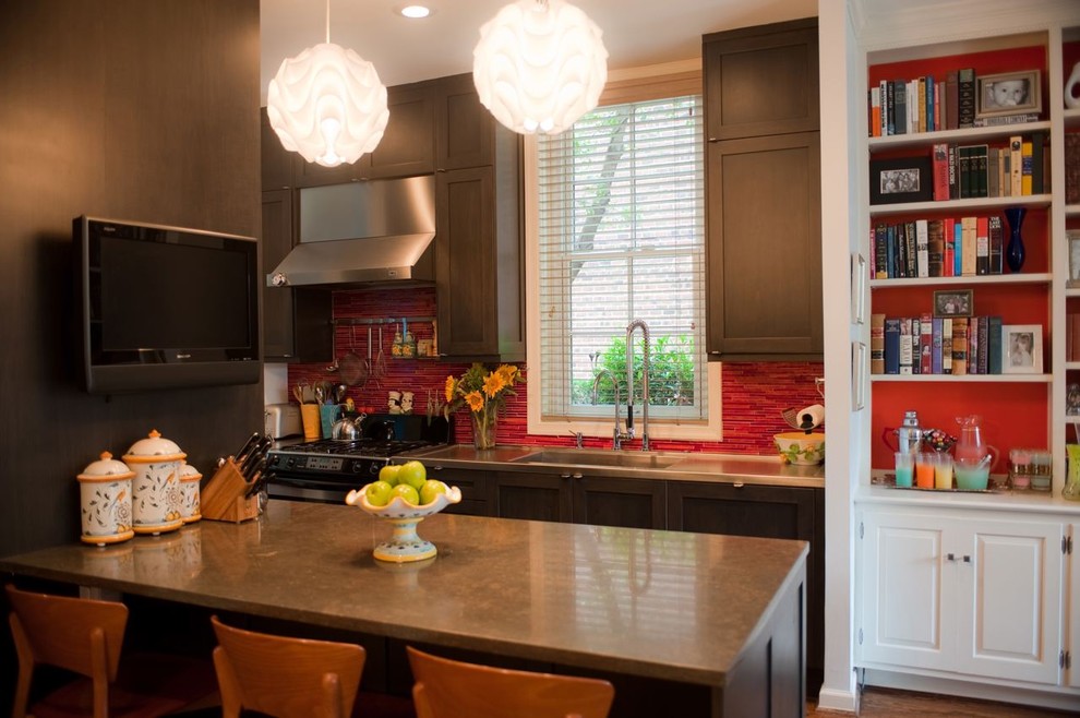 Design ideas for an eclectic galley kitchen in Philadelphia with red splashback, matchstick tile splashback, an integrated sink, dark wood cabinets and shaker cabinets.