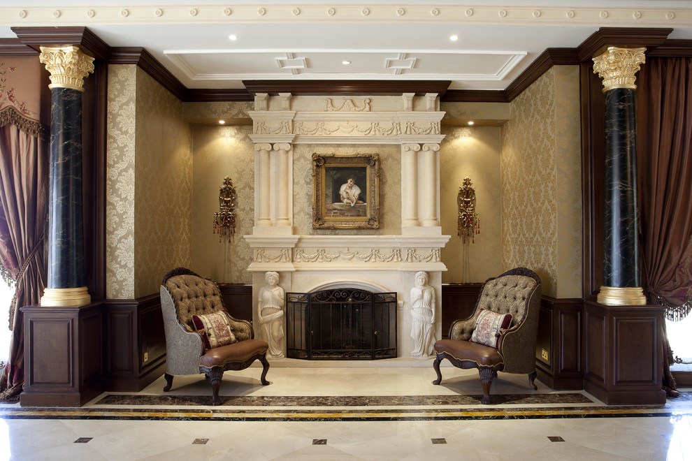 Large traditional hallway in Other with marble floors, beige walls and white floor.