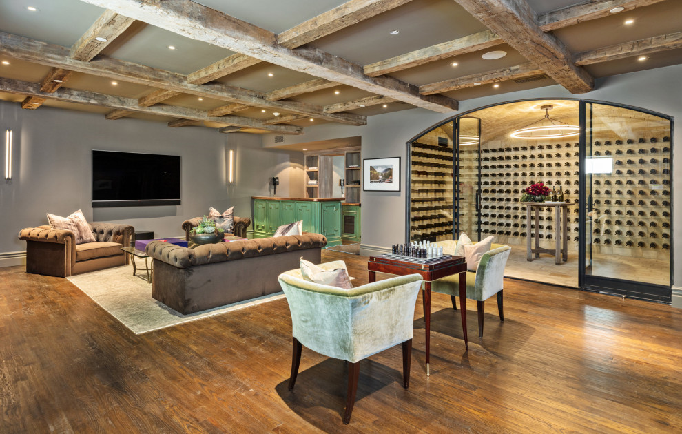 Inspiration for a large contemporary wine cellar in Los Angeles with terra-cotta floors, display racks and beige floor.