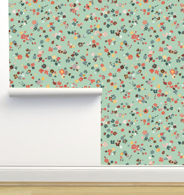 Ditsy Flowers Mint Green Wallpaper by Ninola Designs, Sample 12"x8