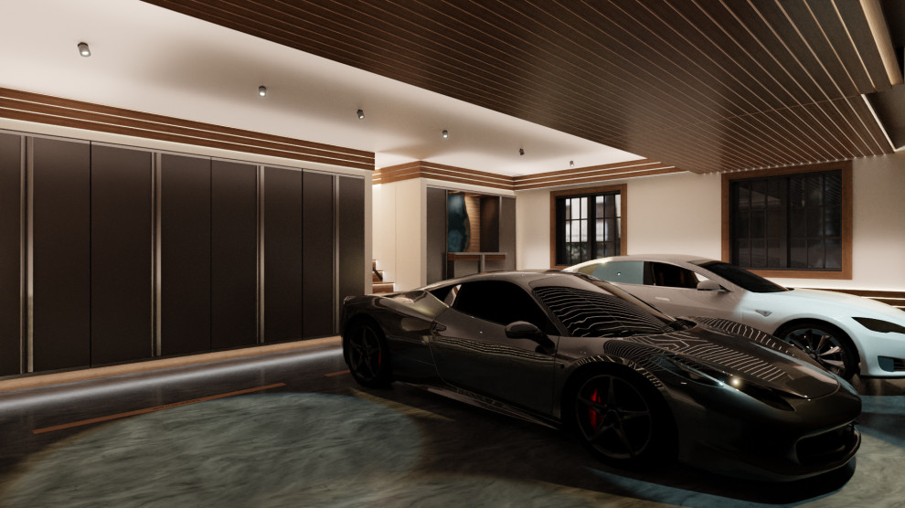 Aménagement d'un garage pour trois voitures attenant contemporain de taille moyenne.