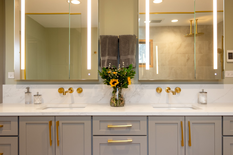 Photo of a large transitional master bathroom in Chicago with shaker cabinets, grey cabinets, a curbless shower, a bidet, green walls, an undermount sink, an open shower, a double vanity and a built-in vanity.