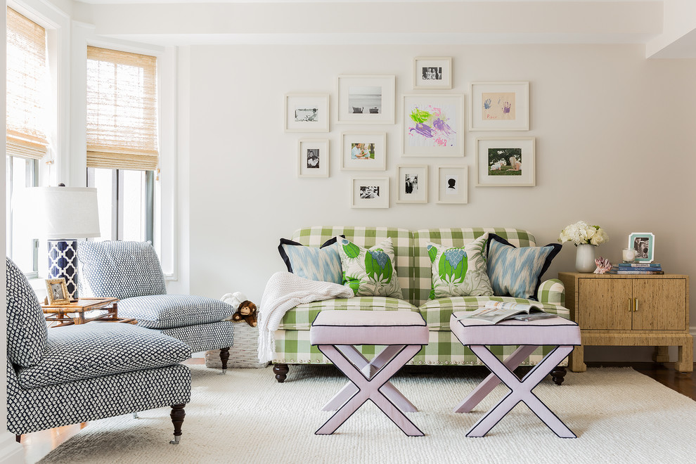 Example of a transitional dark wood floor and brown floor living room design in Boston with white walls