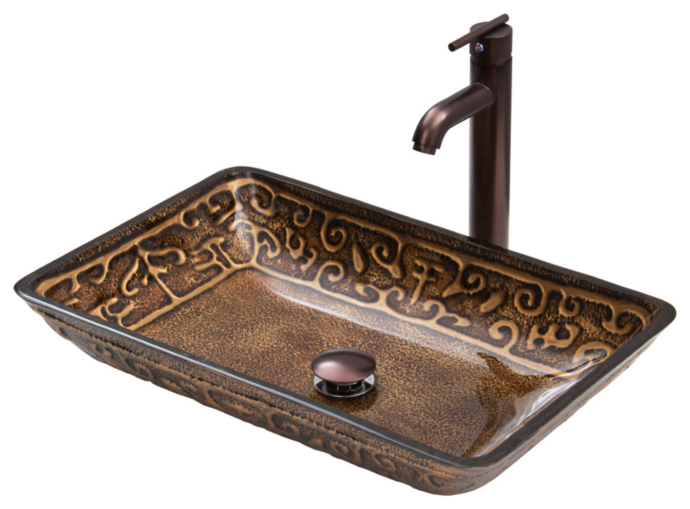 VIGO Rectangular Russet Glass Vessel Sink and Faucet Set, Golden